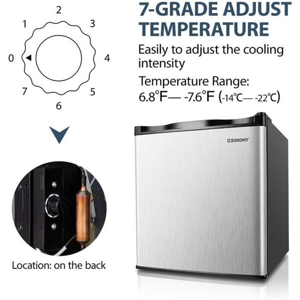 Euhomy Compact Upright Freezer Energy Star 1.1 Cubic Feet Single door countertop mini freezer with Reversible Stainless Steel Door.
