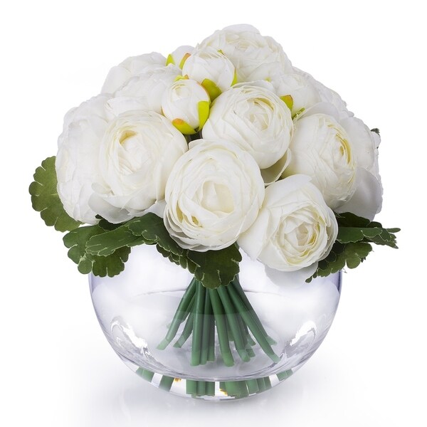 Cream Enova Home Cream Artificial Ranunculus Flower Arrangement in Clear Glass Vase with Faux Water
