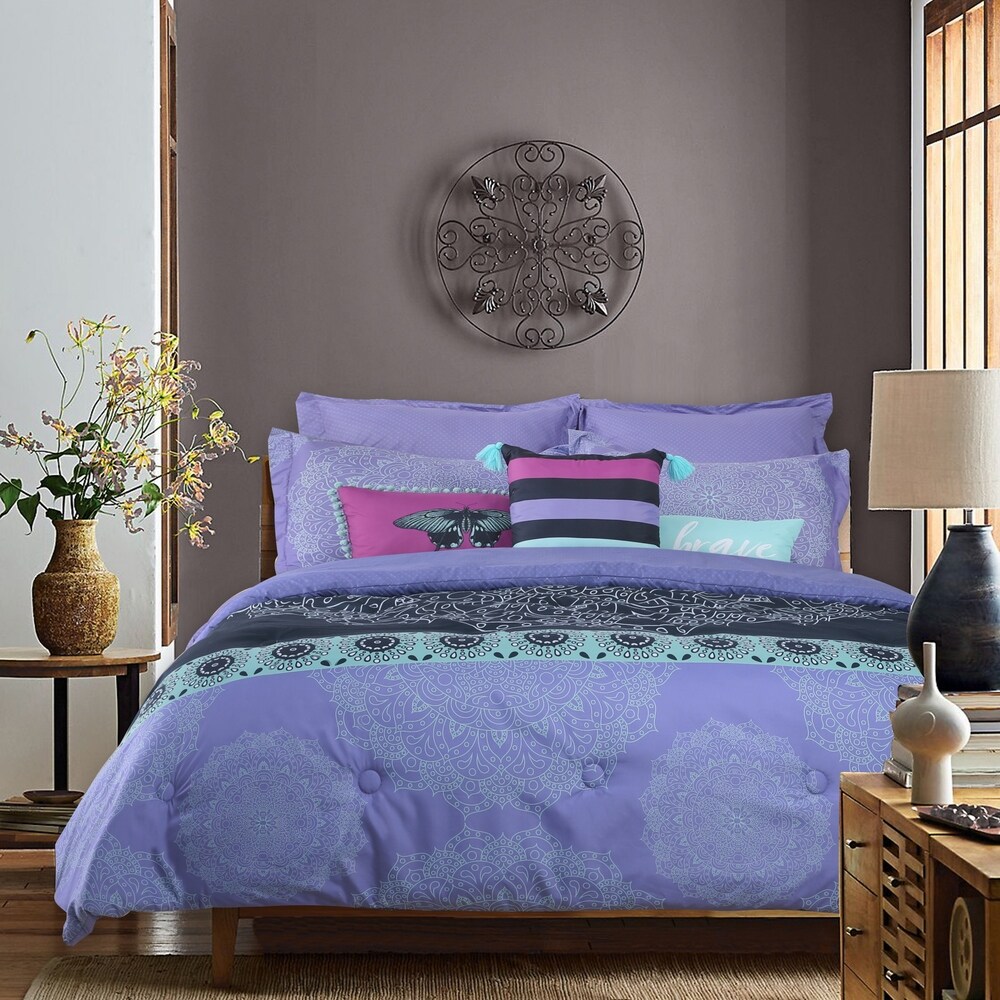 Full Size Bed In A Bag Bedding Set Microfiber Comforter Purple Modern Medallion 