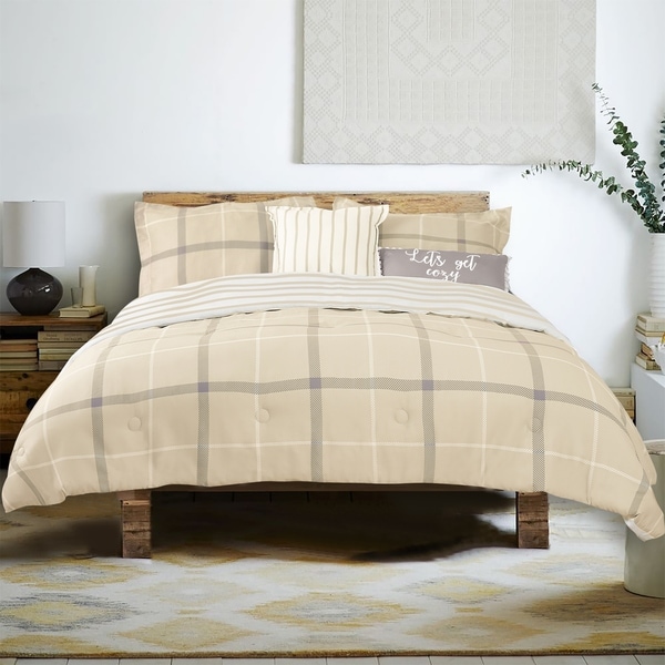 Farmhouse Living Brand Plaid 5 Piece Cotton Comforter Set - 1 Comforter, 2 Shams, 2 Accent Pillows, three color choices. Opens flyout.