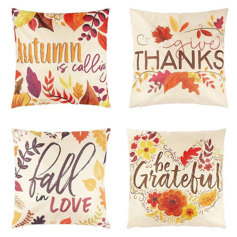 4 Thanksgiving Throw Pillow Covers, Country Style Home Decor, 18 x 18 Pillows