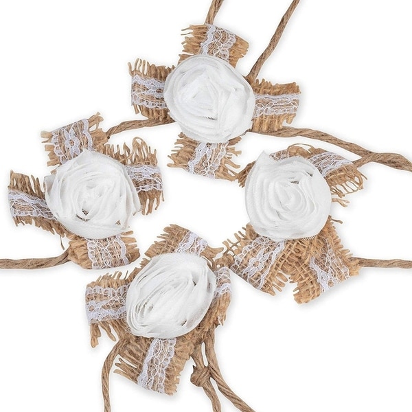 4-Count Burlap Fabric Flower Wrist Corsage for Wedding, Bridesmaids, Prom, 3.75"