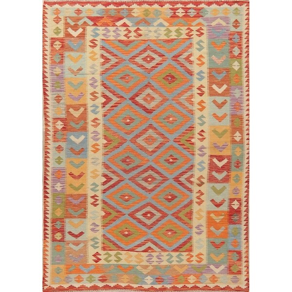 Geometric Hand-Woven Turkish Oriental Area Rug Wool Pastel All-Over - 8'2" X 5'8"