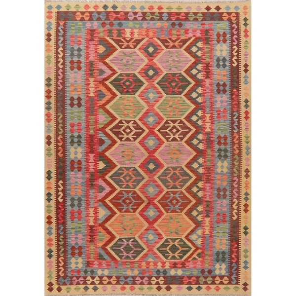 Pastel Hand Woven Turkish Southwestern Kilim Tribal Geometric Area Rug - 9'7" X 6'7"