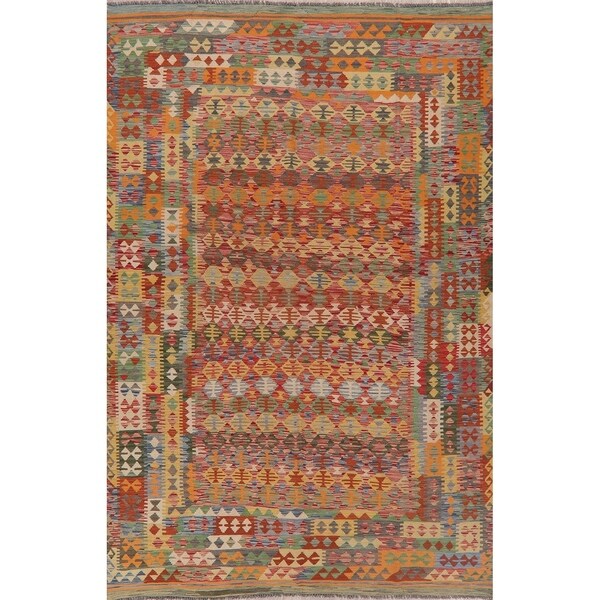 Geometric Pastel Kilim Oriental Area Rug Wool Hand-Woven Turkish Rug - 9'11" X 6'7"