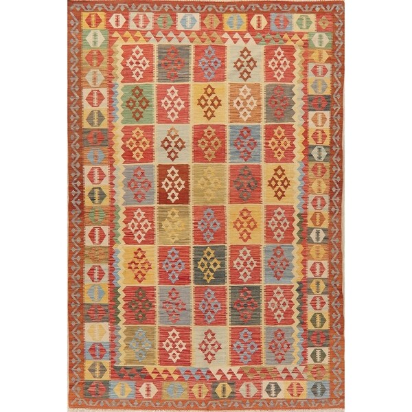 Geometric Hand Woven Color Block Kilim Turkish Tribal Area Rug - 9'10" X 6'5"