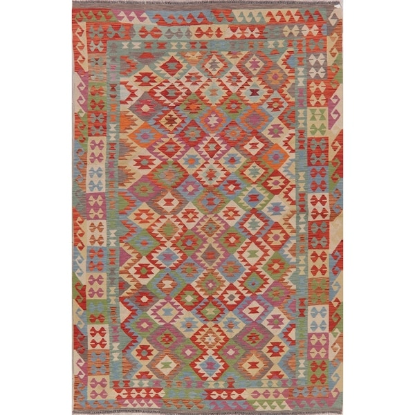 Pastel Geometric Oriental Kilim Area Rug Hand-Woven Turkish Rug - 9'9" X 6'5"