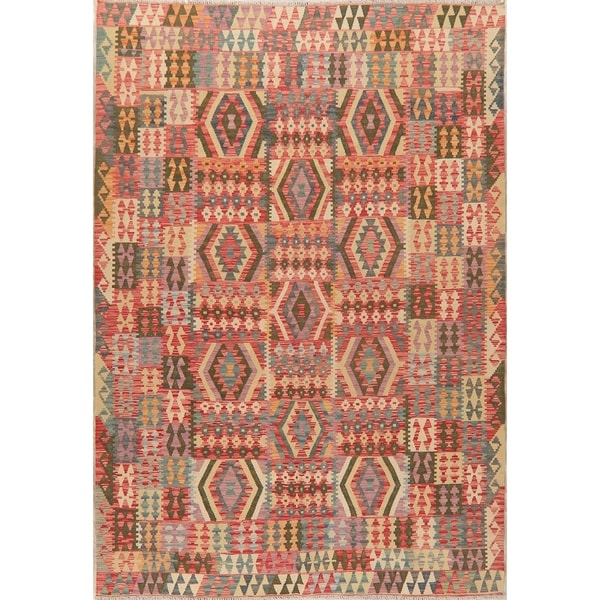 Geometric South-Western Kilim Oriental Area Rug Hand-Woven All-Over - 9'10" X 6'10"