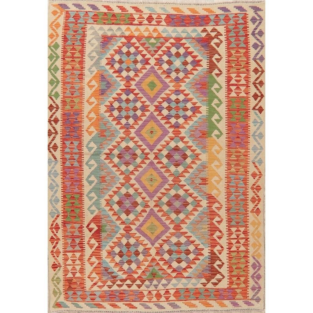 Geometric Oriental Kilim Turkish Area Rug Hand-Woven All-Over Carpet - 7'7" X 5'5"