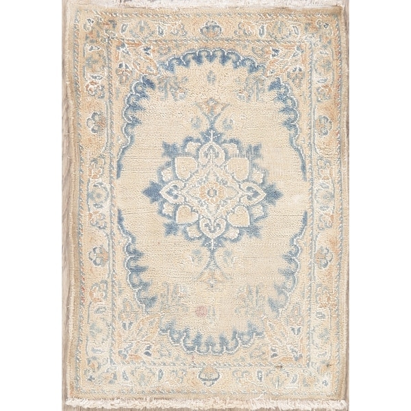 Distressed Vintage Hand Knotted Medallion Nain Persian Floral Area Rug - 1'9" X 1'3"