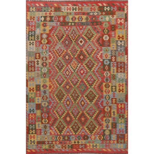Geometric Oriental Kilim Area Rug Wool Hand-Woven Modern Turkish Rug - 9'10" X 6'8"