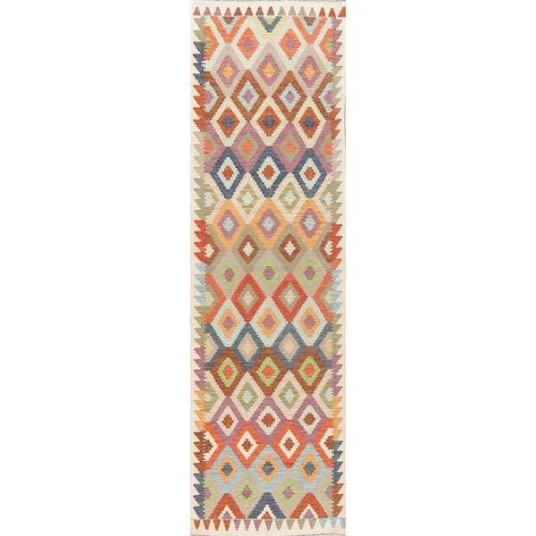 Pastel Southwestern Kilim Turkish Geometric Flatweave Runner Rug - 9'8" X 2'9" Runner