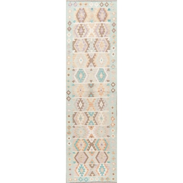 Pastel Flatweave Southwestern Kilim Turkish Geometric Runner Rug - 9'6" X 2'8" Runner
