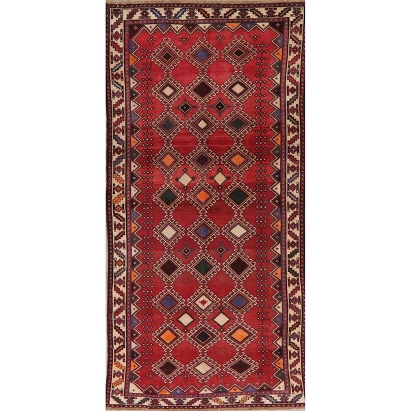 Geometric Vintage Hand Knotted Bordered Bakhtiari Persian Area Rug - 9'6" X 4'7"