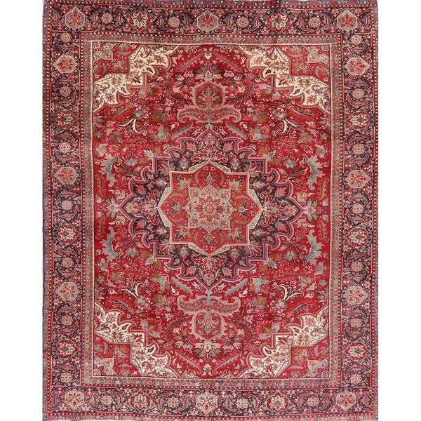 Medallion Vintage Carpet Bordered Heriz Persian Hand Knotted Area Rug - 12'6" X 9'11"