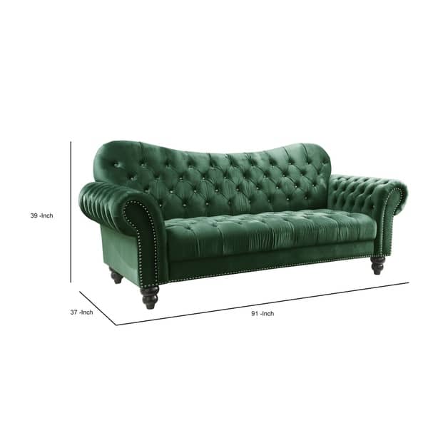Velvet Upholstery Sofa with Rolled Armrests and Bun Feet, Green Bed