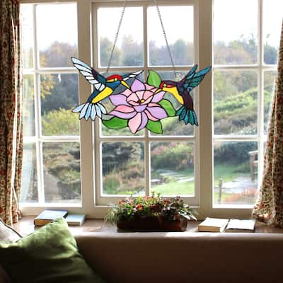 Copper Grove Enighed Stained Glass Hummingbirds Blossom Window Panel