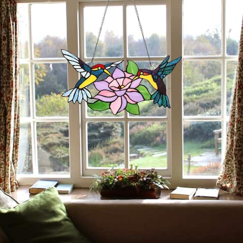 Copper Grove Enighed Stained Glass Hummingbirds with Blossom Window Panel