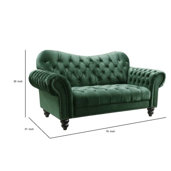 Velvet Upholstery Loveseat With Rolled Armrests And Bun Feet Green