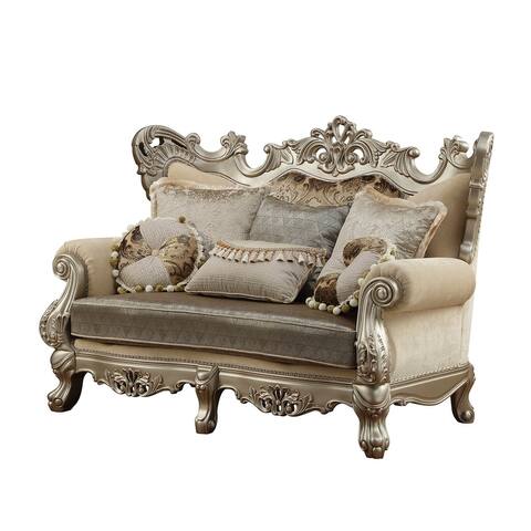 Traditional Style Wing Back Wooden Loveseat with Ornated Details, Gold and Beige