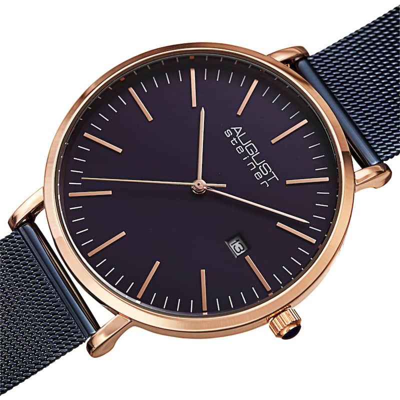 August Steiner Men's Quartz Date Window Stainless Steel Bracelet Watch - Rose Gold/Blue