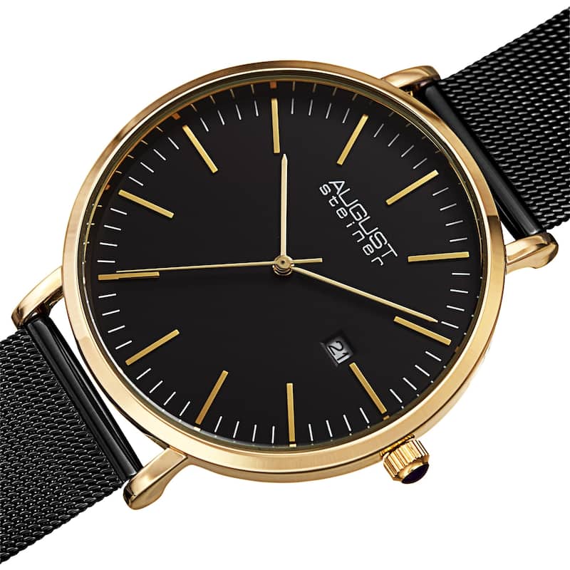 August Steiner Men's Quartz Date Window Stainless Steel Bracelet Watch - Black/Gold