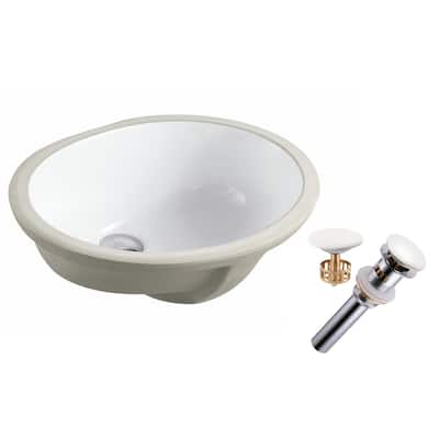 19-1/2 Inch x 16 Inch Oval Under Mount Vitreous Glazed Ceramic Lavatory Vanity Bathroom Sink Pure White W/Ceramic Pop-Up Drain