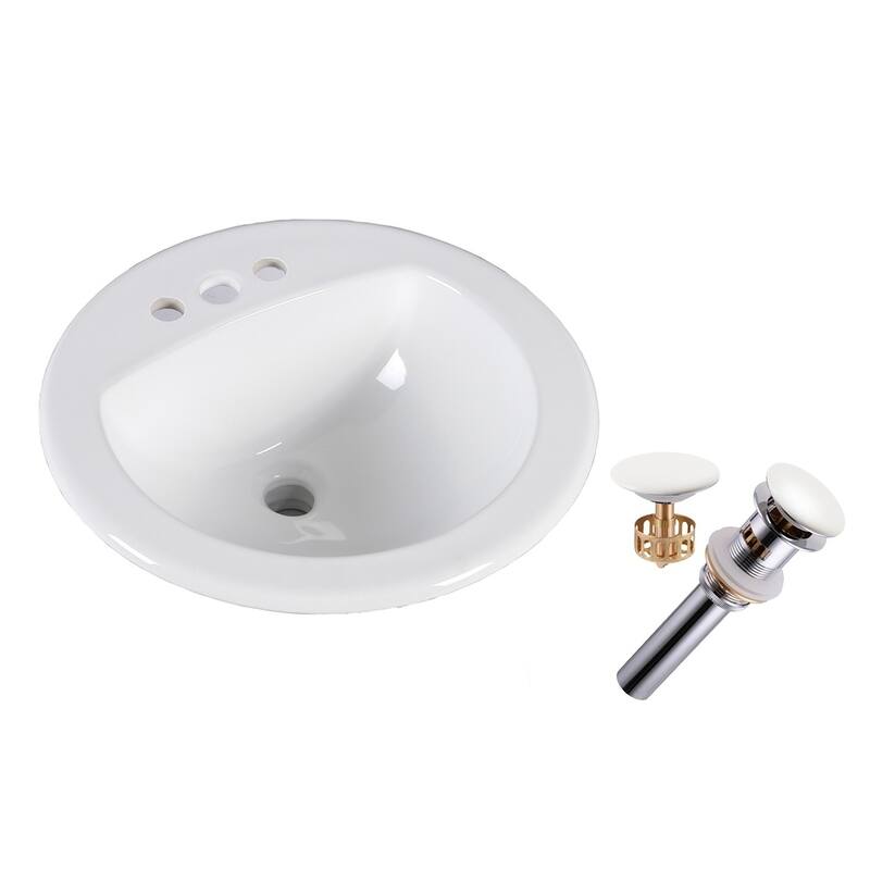 19 Inch Round Topmount / Drop In Glazed Ceramic Lavatory Vanity Bathroom Sink Pure White W/Ceramic Pop-Up Drain