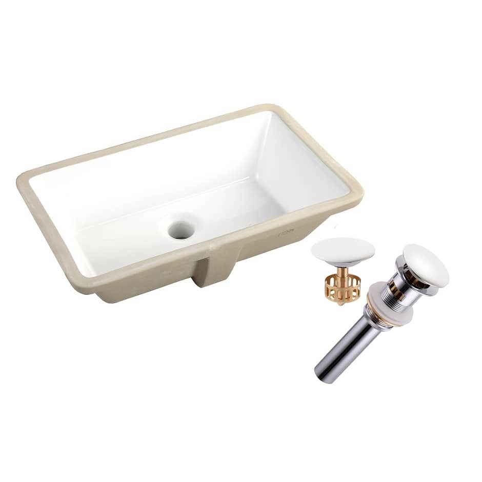 20-7/8 Inch x 15-1/2 Inch Rectangle Under Mount Glazed Ceramic Lavatory Vanity Bathroom Sink Pure White W/Ceramic Pop-Up Drain