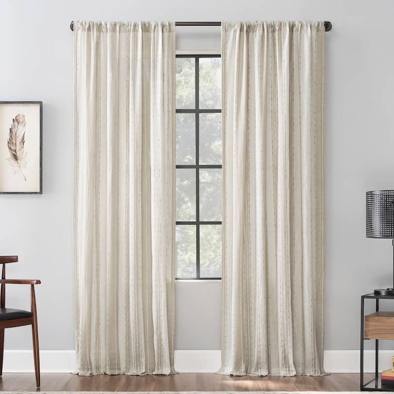 Archaeo Slub Texture Stripe Cotton Curtain, Single Panel - 52 x 84 - Linen/White