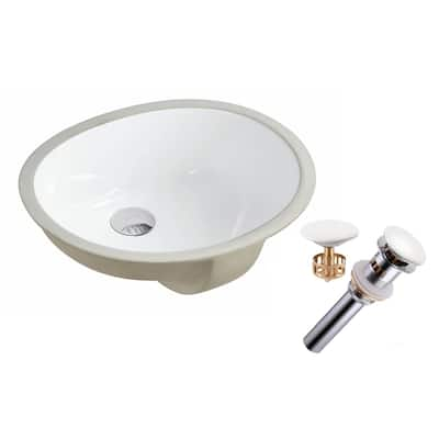 17-1/2 Inch x 14-1/4 Inch Oval Under Mount Glazed Ceramic Lavatory Vanity Bathroom Sink Pure White W/Ceramic Pop-Up Drain