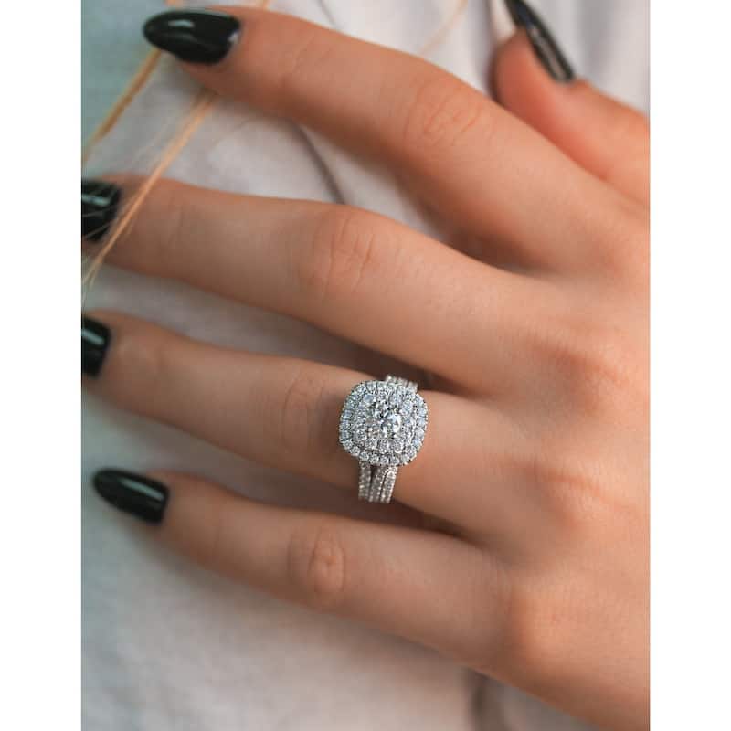 Kobelli 2 Carats Natural Diamond 14k Solid Gold Double Halo Cushion Cluster Serah 2pc Bridal Set