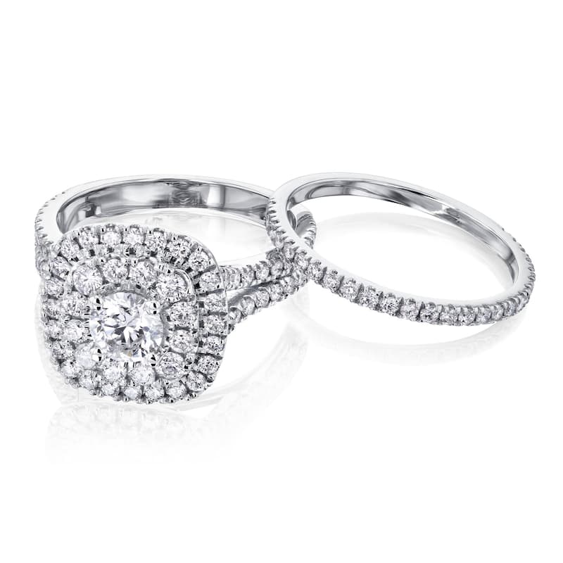 Kobelli 2 Carats Natural Diamond 14k Solid Gold Double Halo Cushion Cluster Serah 2pc Bridal Set