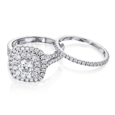 Kobelli 2 Carats Natural Diamond 14k Solid Gold Double Halo Cushion Cluster Serah 2pc Bridal Set