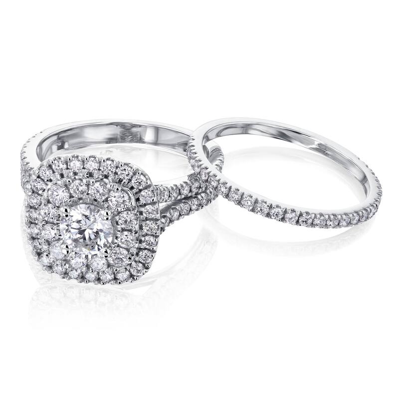 Kobelli 2 Carats Natural Diamond 14k Solid Gold Double Halo Cushion Cluster Serah 2pc Bridal Set - 5 - White