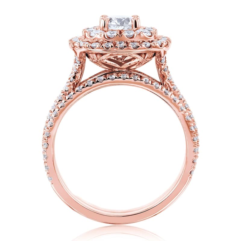 Kobelli 2 Carats Natural Diamond 14k Solid Gold Double Halo Cushion Cluster Serah 2pc Bridal Set