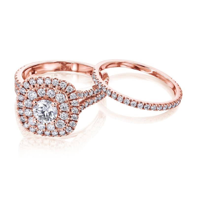 Kobelli 2 Carats Natural Diamond 14k Solid Gold Double Halo Cushion Cluster Serah 2pc Bridal Set