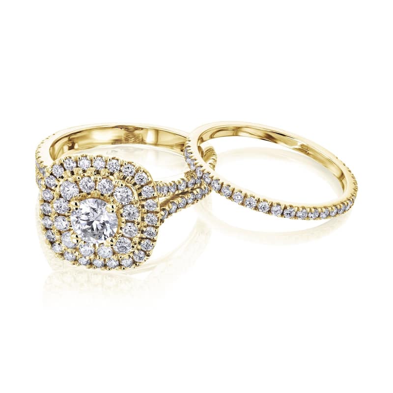 Kobelli 2 Carats Natural Diamond 14k Solid Gold Double Halo Cushion Cluster Serah 2pc Bridal Set - 5 - Yellow
