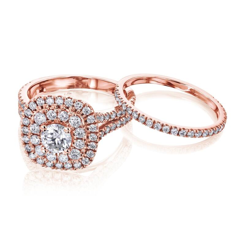 Kobelli 2 Carats Natural Diamond 14k Solid Gold Double Halo Cushion Cluster Serah 2pc Bridal Set - 5 - Rose