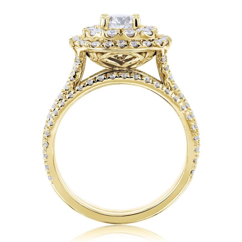 Kobelli 2 Carats Natural Diamond 14k Solid Gold Double Halo Cushion Cluster Serah 2pc Bridal Set