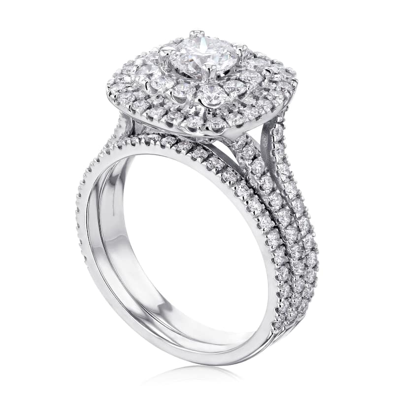 Kobelli 2 Carats Natural Diamond 14k Solid Gold Double Halo Cushion Cluster Serah 2pc Bridal Set