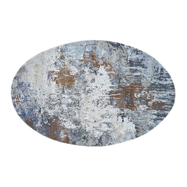 Shahbanu Rugs Honey Brown Oval Abstract Design Wool And Pure Silk Hand Knotted Round Oriental Rug (6'0" x 9'0") - 6'0" x 9'0"
