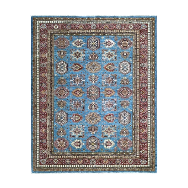 Shahbanu Rugs Blue Super Kazak Geometric Design Pure Wool Hand Knotted Oriental Rug (8'0" x 10'3") - 8'0" x 10'3"