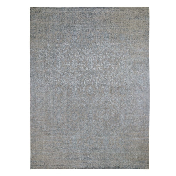 Shahbanu Rugs Gray Fine jacquard Hand Loomed Tone On Tone Wool And Silk Oriental Rug (8'10" x 12'3") - 8'10" x 12'3"