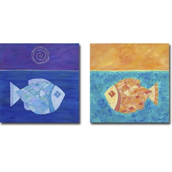 Fish with Spiral Moon & Sun by Casey Craig 2-pc Gallery Wrapped Canvas Giclee Art Set (18 in x 18 in Each Canvas in Set)