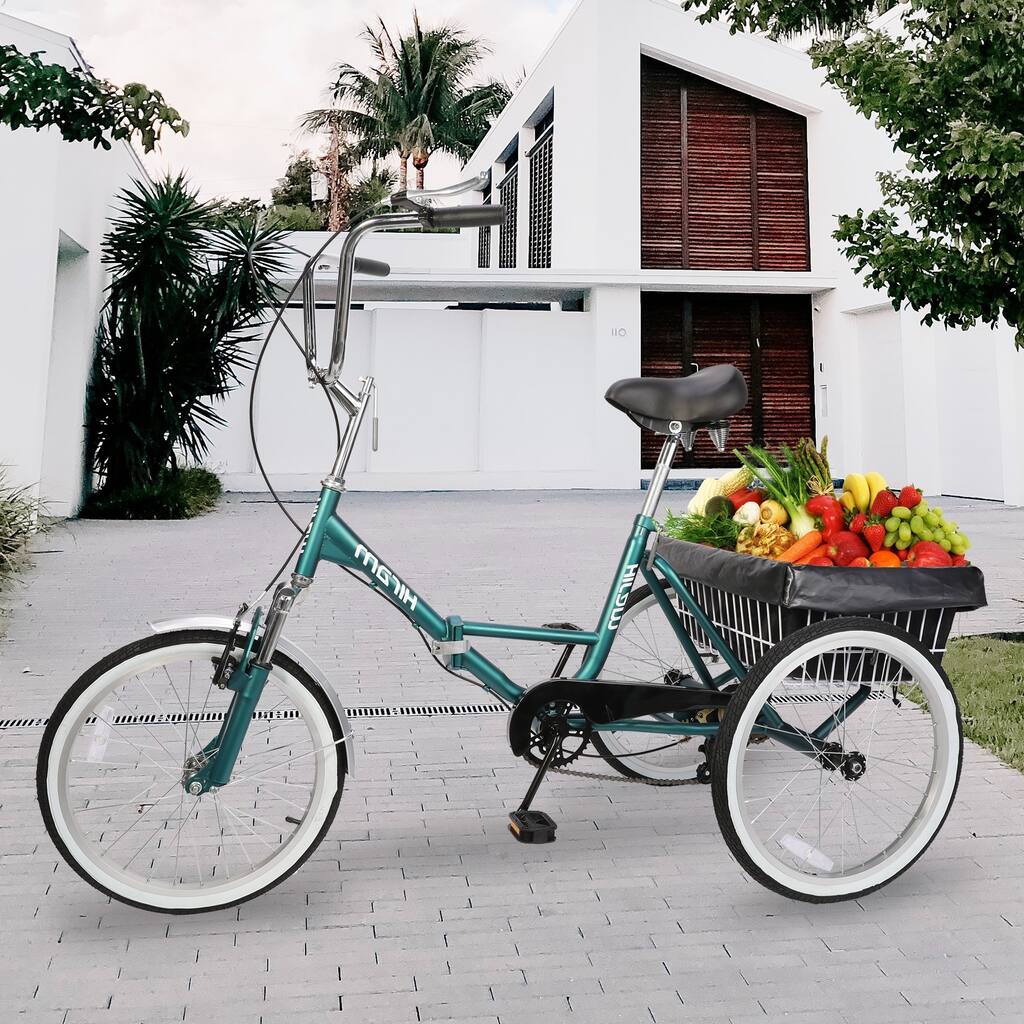 20" 3-Wheeled Adult Folding Tricycle with Basket and Classic Bicycle Bell
