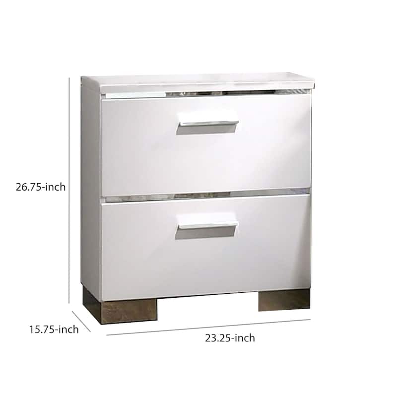 Wood and Metal Nightstand with 2 Drawers, White and Silver
