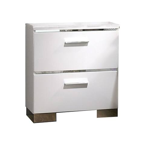 Wood and Metal Nightstand with 2 Drawers, White and Silver