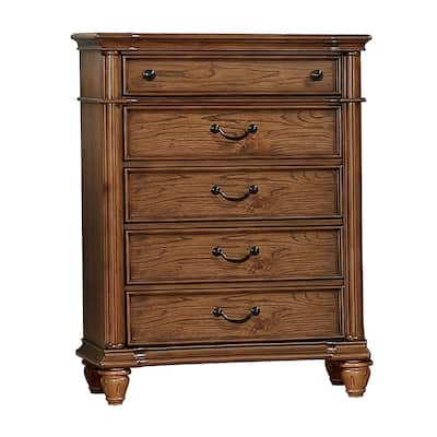 5 Drawer Traditional Style Wooden Chest with Turned Legs, Brown
