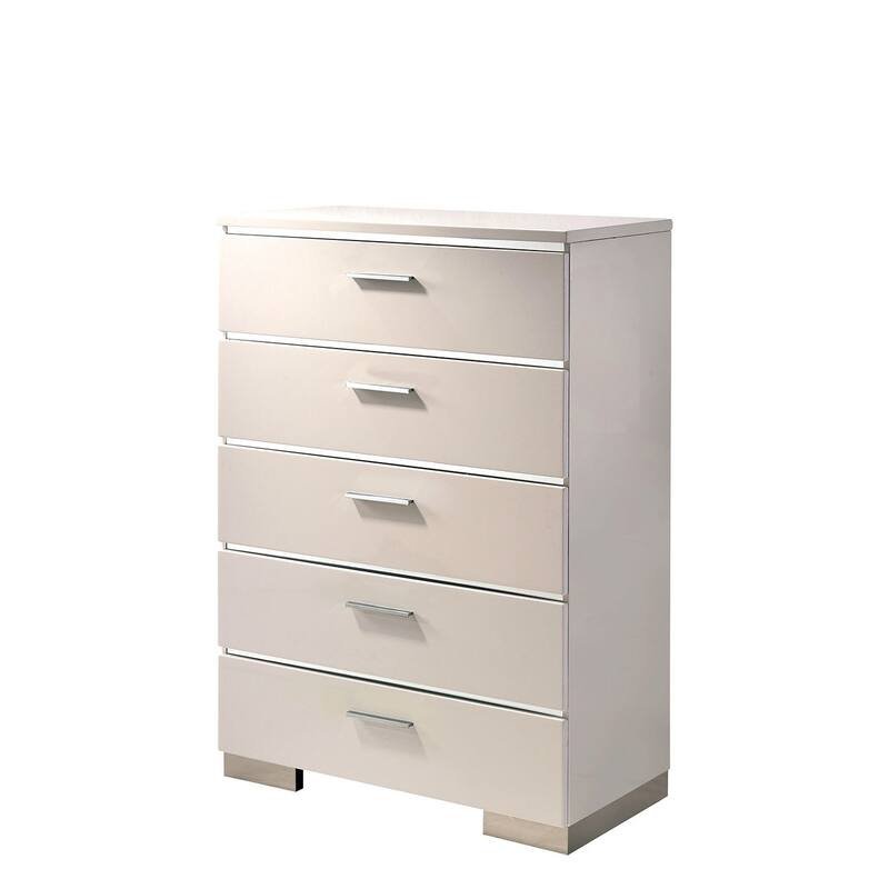 Wood and Metal Chest with 5 Drawers and Block Legs, White and Silver